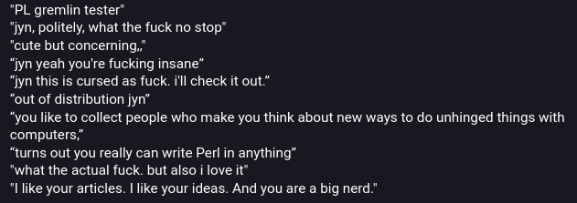 a series of quotes such as "jyn yeah you're fucking insane" and "what the actual fuck. but also i love it"