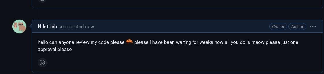 a github comment by @Nilstrieb: hello can anyone review my code please :ferrisClueless: please i have been waiting for weeks now all you do is meow please just one approval please