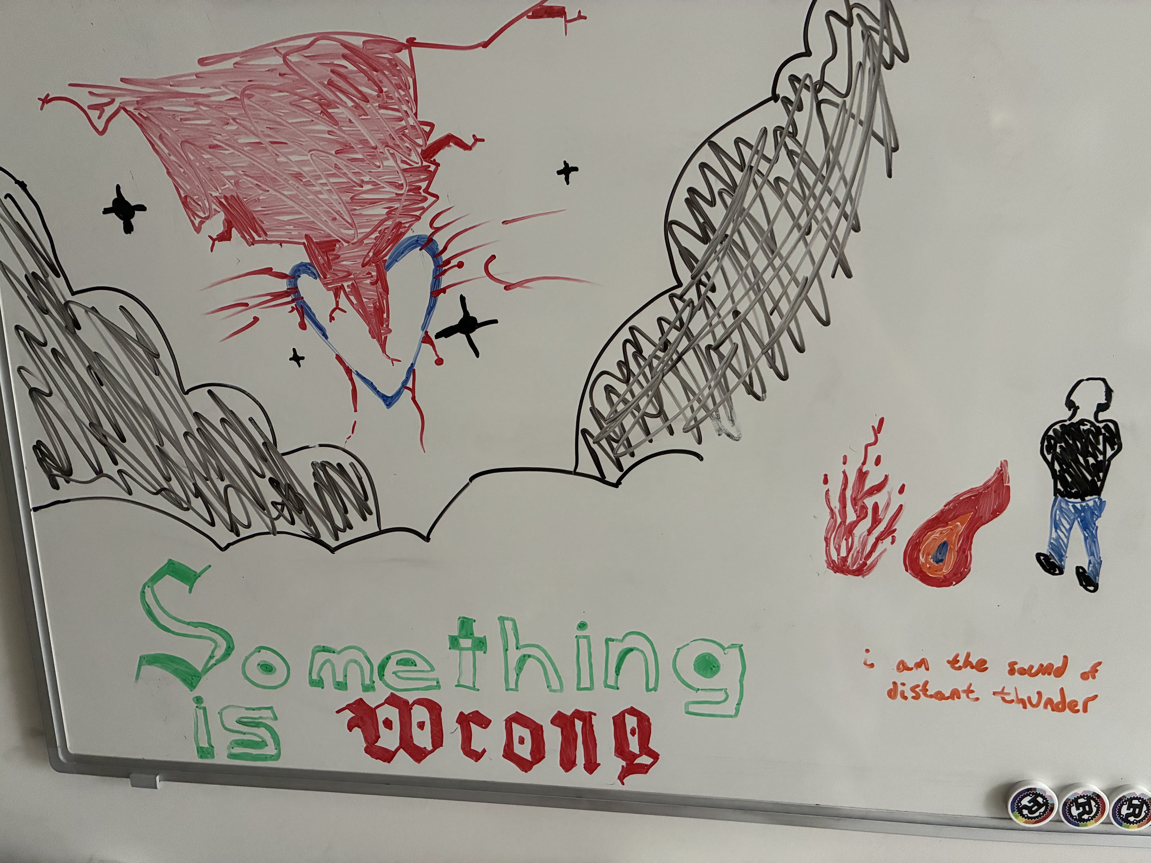 a white drawing of a stylized red lightning strike in a black-and-white sky. it pierces a blue heart almost all the way down to its point, branching and forking through it. in the background, black stars twinkle. at the bottom, in blackletter font, reads "Something is wrong". the text is green, except "wrong", which is in bold red. to the right, a figure stands dressed in blue pants and a black top and shoes, with just a hint of black hair. two its left are two stylized drawings of fire, and underneath, the text "i am the sound of distant thunder". in the bottom right are three rust magnets with the pride flag in the background.