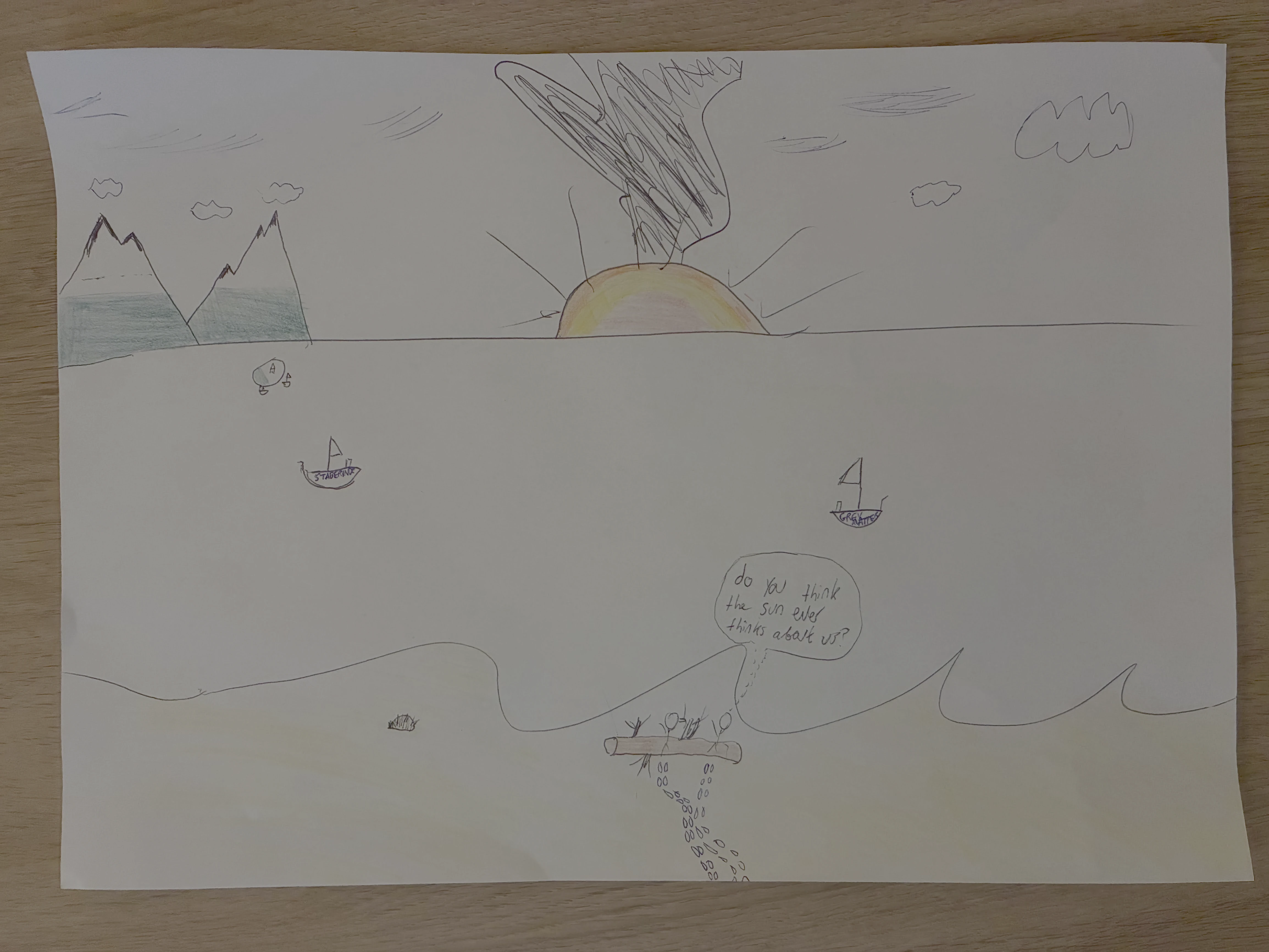  a picture of a loose blank paper with a drawing of the sunset. in the distance are two mountains with an island nearby. in the midground are two sailboats. their names are just barely visible: STABERINDE and GREY MATTER. in the foreground are two people sitting on the beach on a wooden log. their footsteps trail off the page. one says to the other: "do you think the sun ever thinks about us?" 
